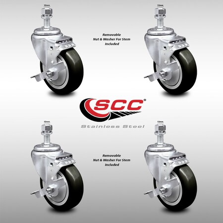 Service Caster 4 Inch SS Black Polyurethane Swivel 12mm Threaded Stem Caster Set Brake SCC SCC-SSTS20S414-PPUB-BLK-TLB-M1215-4